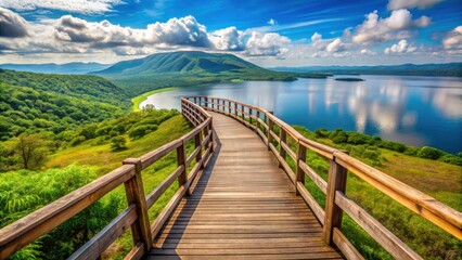 Obraz premium A wooden walkway winds through lush green foliage, leading to panoramic vistas of a serene lake and mountain range beneath a vibrant blue sky.