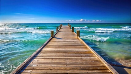 Fototapeta premium A wooden pier extends into a serene turquoise ocean with rolling waves, offering a tranquil escape from the shore.