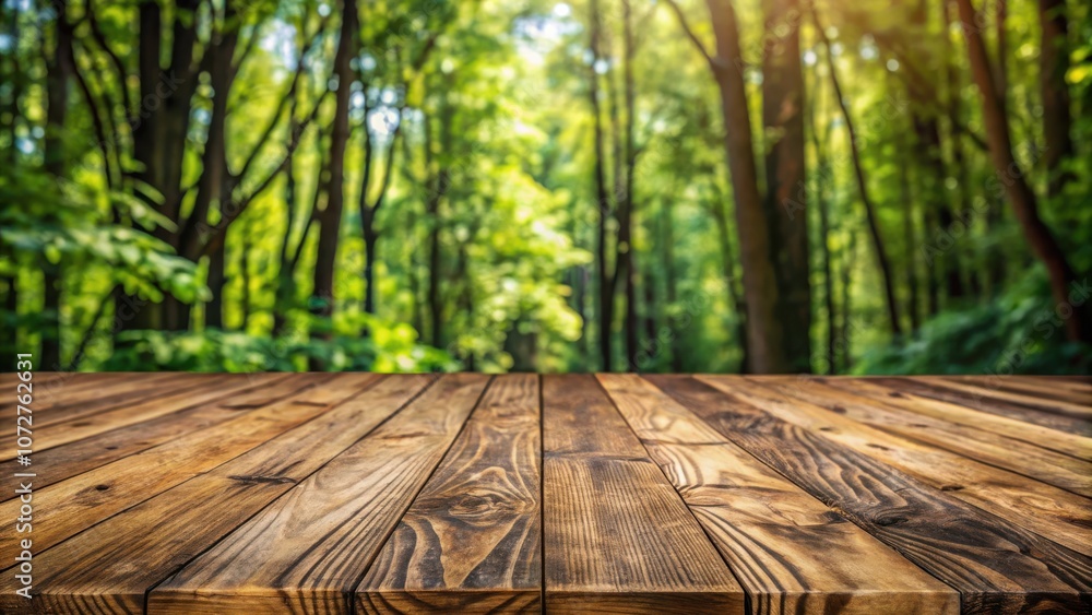 Poster a rustic wooden table surface with a blurred backdrop of a sunlit forest.