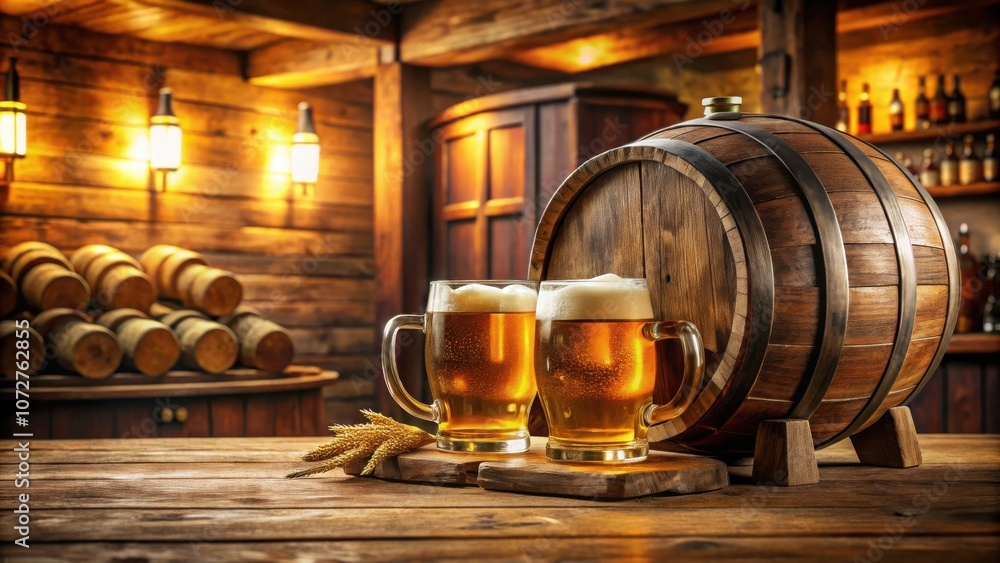 Poster a rustic wooden table with a wooden barrel and two glasses of beer in a dimly lit tavern setting.