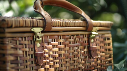 The vintage picnic basket is complete with intricate wooden details and a sy leather handle perfect for a romantic outing.
