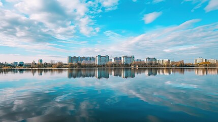 Reflection of Buildings on a Lake - a serene and picturesque visual. The mirrored skyline against the sky creates a tranquil and captivating scene