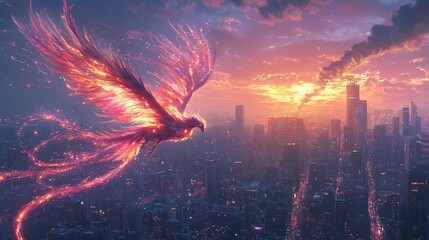 A majestic phoenix with feathers made of pure light, soaring over a vibrant futuristic cityscape at dusk. Trails of light follow its path, illuminating the city below as it glides gracefully. 