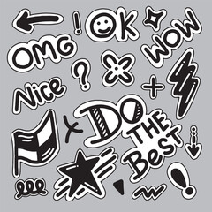 Set of doodle and bubble vector. Collection of speech bubble with text, symbol in doodle sticker style.