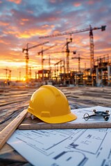 Construction Site at Sunset with Safety Helmet and Drafting Tools