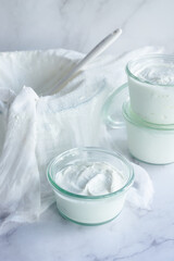 homemade greek style yogurt in a glass bowl on white marble table.