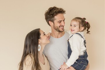 Fototapeta premium Happy Family Portrait with Parents and Young Daughter Against a Neutral Background
