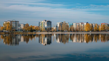 Fototapeta premium Reflection of Buildings on a Lake - a serene and picturesque visual. The mirrored skyline against the sky creates a tranquil and captivating scene