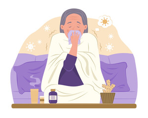 Sick Old Woman Blowing Nose into Handkerchief for Fever Concept Illustration