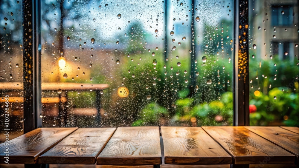 Poster a wooden table in front of a window with raindrops on the glass and a blurred view of the outdoors