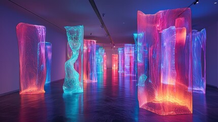 An avant-garde museum with shifting holographic exhibits and bioluminescent walls, capturing visitors' attention. Digital sculptures float in mid-air, with interactive features for an immersive 