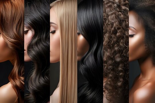 Close-up of diverse women&rsquo;s hair textures and colors, showcasing straight, wavy, curly, and coily styles, symbolizing beauty, individuality, and hair care diversity. Ideal for themes of self-expressio