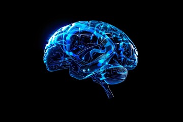 Futuristic blue-toned 3D rendering of a human brain with illuminated neural connections, symbolizing advanced technology, artificial intelligence, and cognitive science. Ideal for themes of AI
