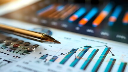 Close-up of a hand holding a pen, analyzing financial data on a screen with bar charts and graphs, symbolizing investment, financial analysis, and business strategy. Ideal for themes of finance