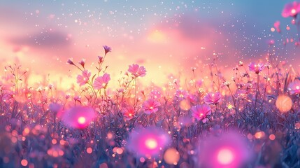 A bioluminescent meadow with glowing flowers and holographic plants under a soft twilight sky. The plants shimmer as they sway in the gentle breeze, creating a magical and peaceful scene. A 
