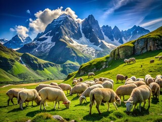 Obraz premium Local Sheep Grazing at Dibona Peak in Ecrins, French Alps, Capturing the Breathtaking Landscape and Majestic Mountains Under a Clear Blue Sky