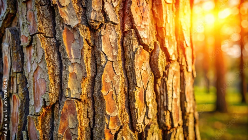Poster A close-up of a tree trunk with sunlit bark, highlighting its intricate texture and natural patterns, creating a sense of warmth and vitality.