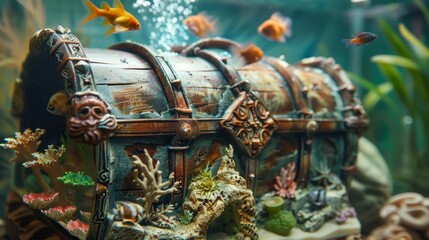 Fototapeta premium An imaginative fish tank shaped like a treasure chest with a lid that opens to reveal a hidden underwater world.