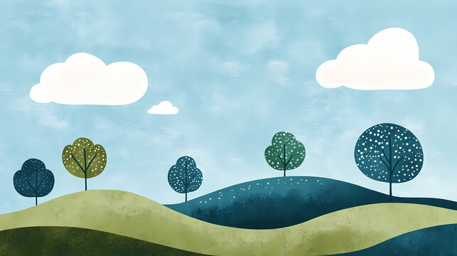 A serene landscape with rolling hills, stylized trees, and clouds under a blue sky, depicting a peaceful natural setting. Whimsical. Illustration