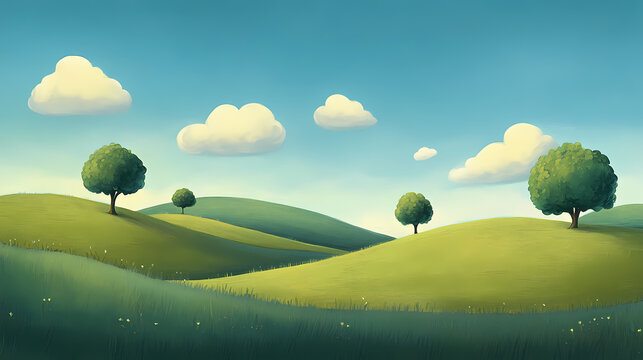 A serene landscape with rolling hills, stylized trees, and clouds under a blue sky, depicting a peaceful natural setting. Whimsical. Illustration