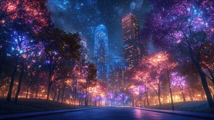 A futuristic landscape with towering holographic skyscrapers, illuminated with neon accents under a starry sky. Bioluminescent trees line the streets, casting a soft glow across the cityscape. 