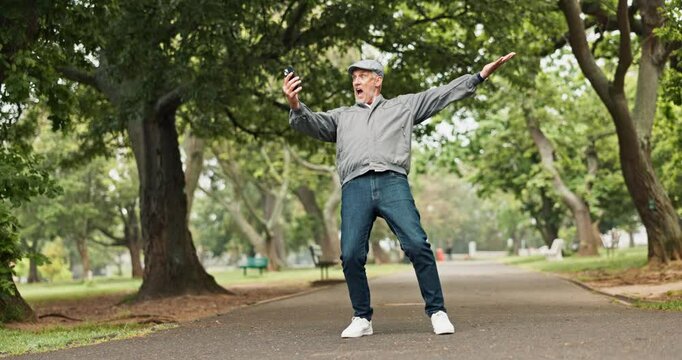 Dancing, park and senior man with phone celebrate good news, online notification and success. Happy, excited and senior person with smartphone for competition, winning and betting website outdoors