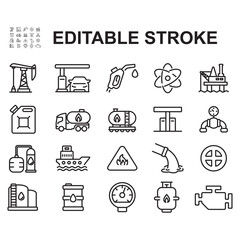 Editable set of Oil and Gas industry thin line icons. Oil, gas, refineries, petroleum, lubricants, oil barrels and gas pumps.