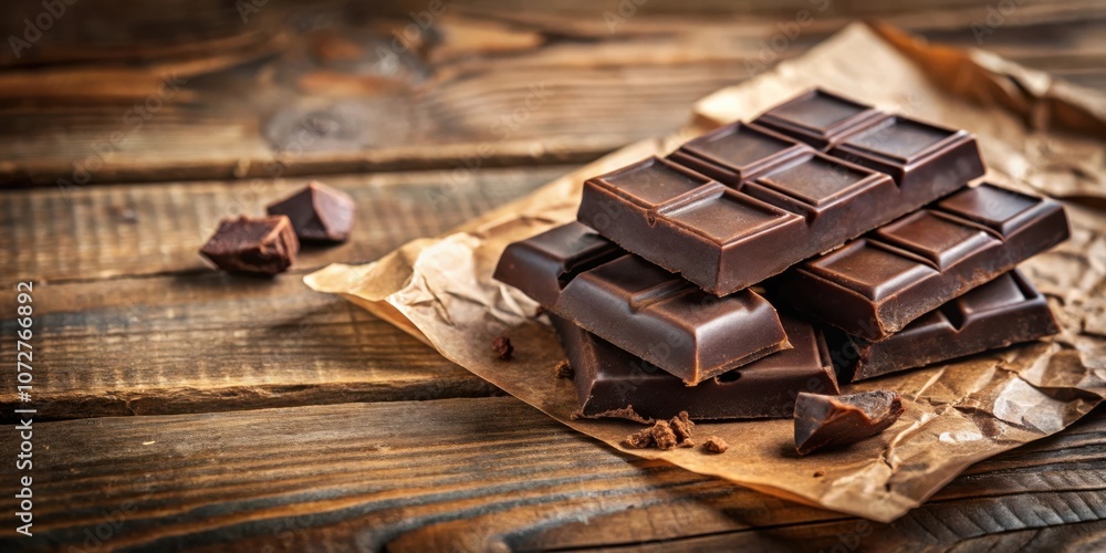 Poster a stack of dark chocolate bars on a rustic wooden background, showcasing the smooth texture and rich