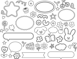 Outlines of puppy, bunny, cake, butterfly, cupcake, flower, heart for name tag, text bubble, cartoon character, comic, text, message, dialogue, chatting, sticker, animals, kid colouring book, painting