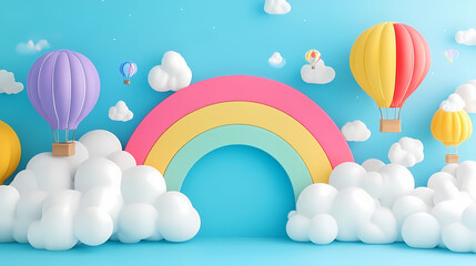 A whimsical 3d illustration of colorful hot air balloons flying among fluffy clouds with a vibrant rainbow. Whimsical. Illustration