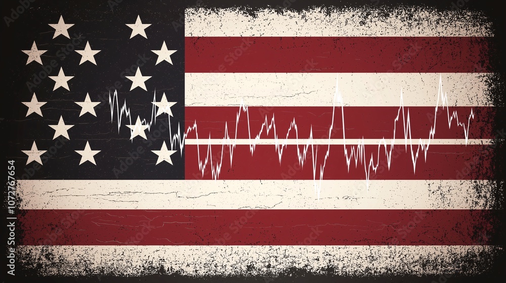 Poster abstract representation of american flag interwoven with a dynamic line graph symbolizing economic f