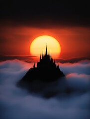 Fototapeta premium Majestic castle silhouette against a vibrant sunset over rolling foggy landscape