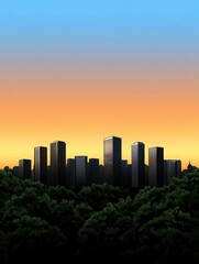 Stunning city skyline silhouetted against a vibrant sunset sky over lush greenery