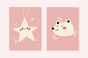 Christmas card cartoon stars and bear for invitations, greeting, birthday, children, social media, cute design vector illustrations