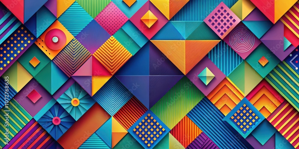 Poster abstract geometric pattern featuring vibrant colors and diverse shapes, creating a complex and dynam