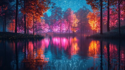 A futuristic lake surrounded by glowing trees and holographic plants, reflecting the colorful digital night sky. The water glistens with bioluminescent tones, adding to the tranquil atmosphere. 