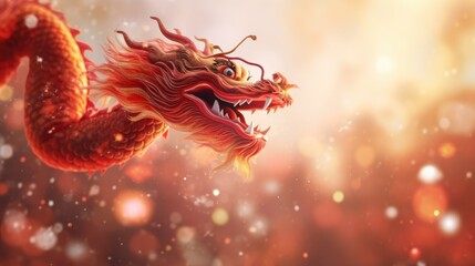 Majestic Red Chinese Dragon Illustration with Mystical Red Bokeh Background. Chinese New Year