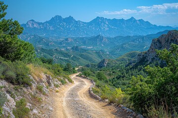 Winding mountain road through lush green valley.