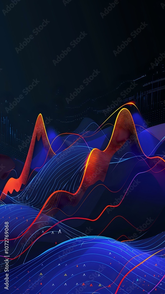 Poster abstract visualization of dynamic data waves with glowing peaks in blue and orange hues on a dark ba