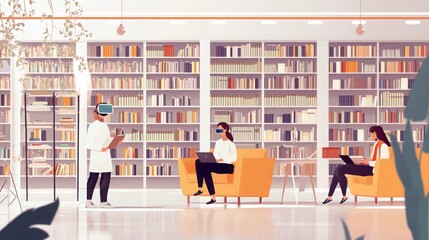 Futuristic Library with Digital Elements and Robotics