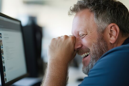Happy American Man Laughing While Working at Desk in Modern Office Setting, Captured from Over-the-Shoulder Angle for Authentic Work Environment Feel