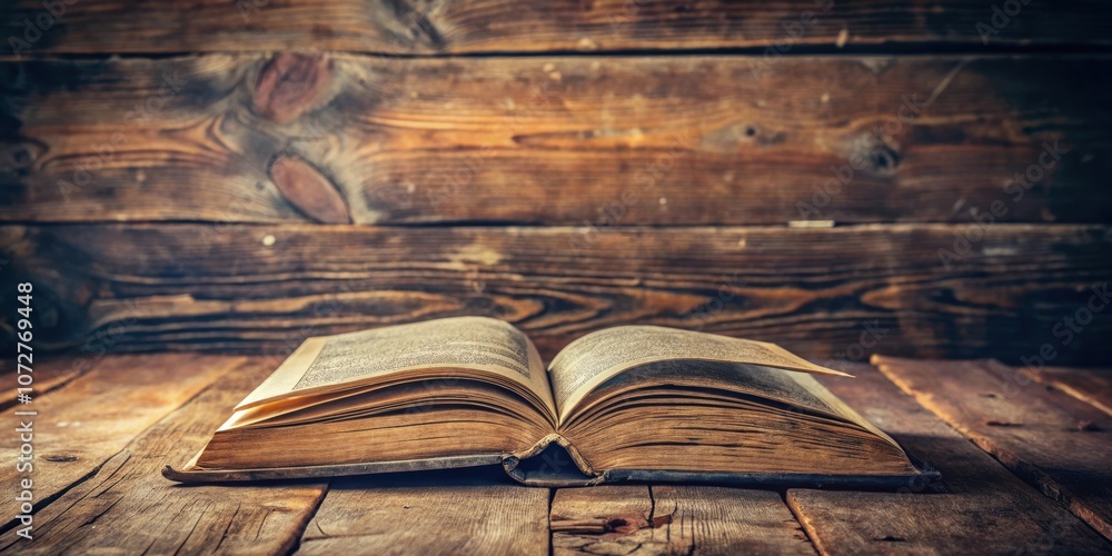 Poster an open book resting on a rustic wooden table against a blurred wooden wall background