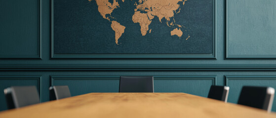 A modern conference room with a wooden table and a world map on a teal wall, ideal for meetings and collaborations.
