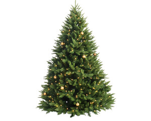 Fototapeta premium A vibrant green Christmas tree adorned with shimmering ornaments and twinkling lights, set against a white isolated background, perfect for holiday decor themes.