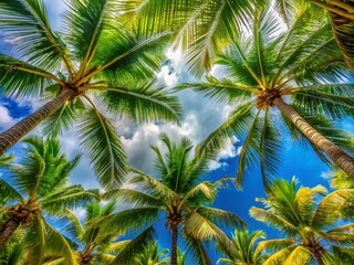 Lush Tropical Paradise: Coconut Palms Against a Clear Blue Sky in a Vibrant Macro Photography Showcase of Nature's Beauty