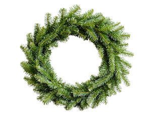 A lush green wreath made of evergreen branches, perfectly circular, isolated on a white background, ideal for seasonal decoration and festive celebrations.