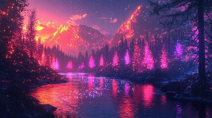 A luminous valley with bioluminescent plants and neon-lit cliffs under a digital sunset. The landscape shimmers softly, creating a serene and magical ambiance. A peaceful escape in a high-tech 