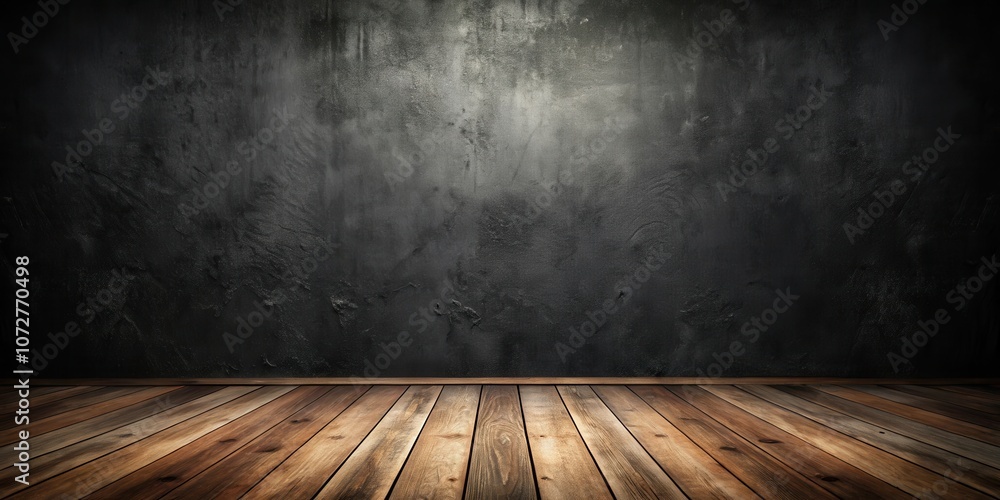 Poster a rustic interior featuring a distressed wooden floor and a dark concrete wall with a soft light sou