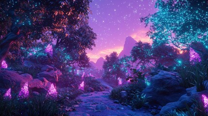 Fototapeta premium A neon jungle filled with holographic trees and bioluminescent vines, casting a soft glow under a digital sunset. Holographic animals can be seen among the foliage, creating a surreal ambiance. 