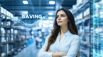 Cost saving concept. A woman stands thoughtfully in a modern warehouse.